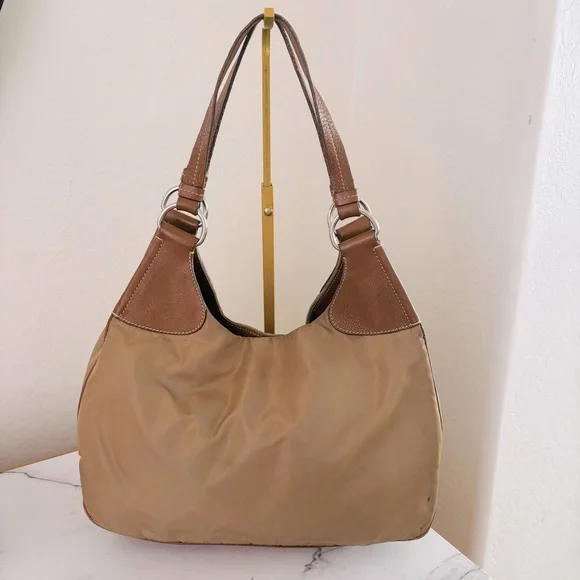 Prada Half Moon Hobo Bag Jumbo Logo Brown Tan Leather Nylon Designer Luxury COA - Picture 4 of 15